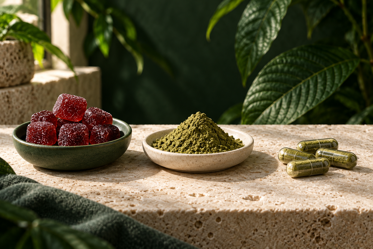 Three-format illustration showing red gummies, olive leaf powder and powder-filled capsules separately