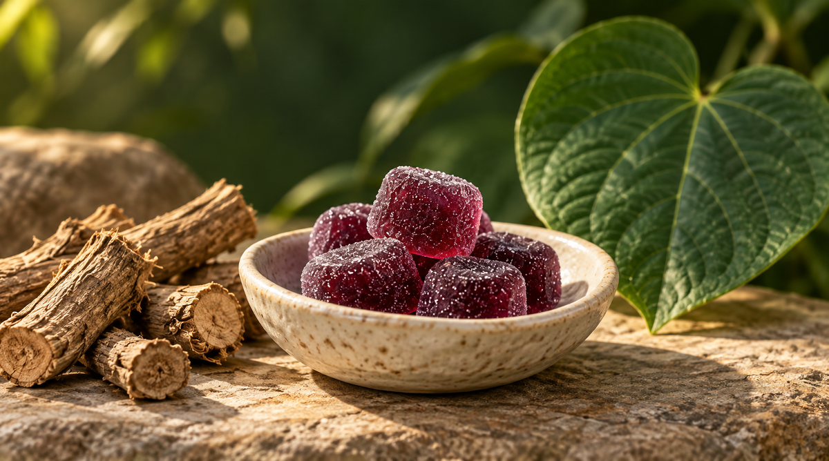 Illustration of berry-purple kava gummies on a cream plate with woody roots and green leaves
