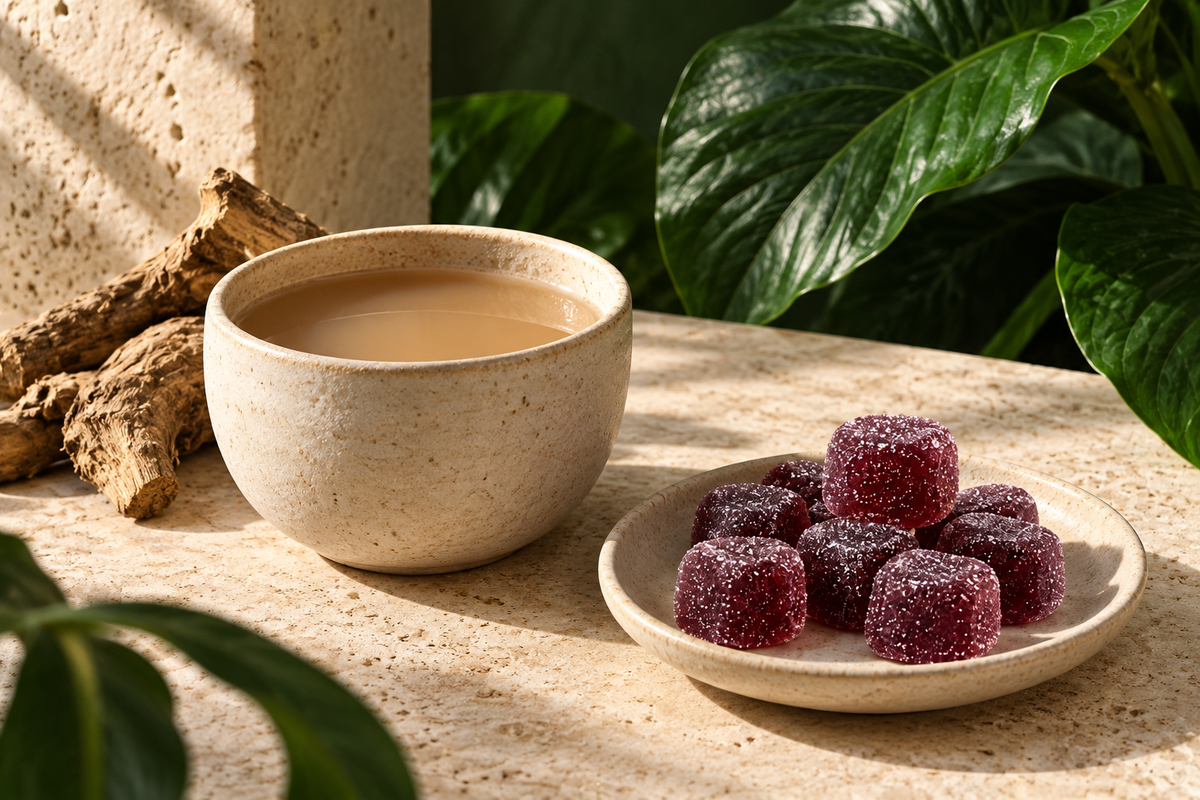 Illustration comparing a cloudy tan kava beverage with berry-purple gummies on a separate plate