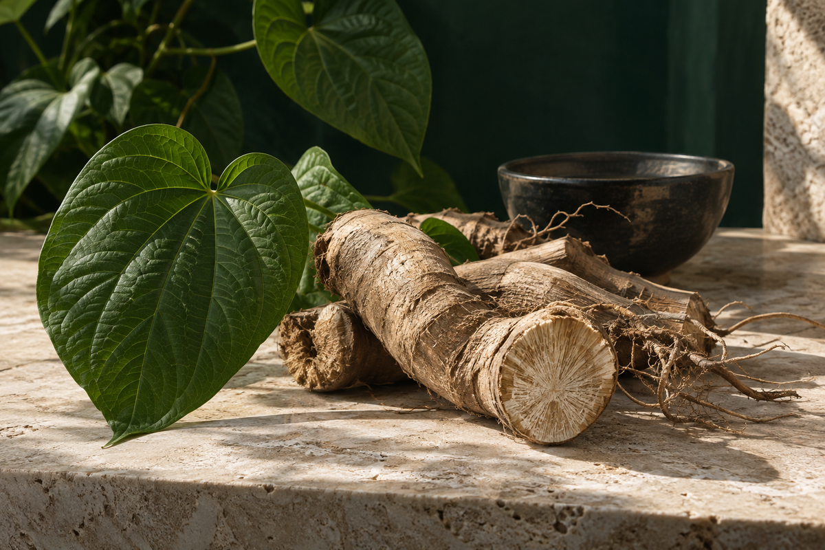 Botanical illustration of cut woody kava roots and heart-shaped green leaves on travertine