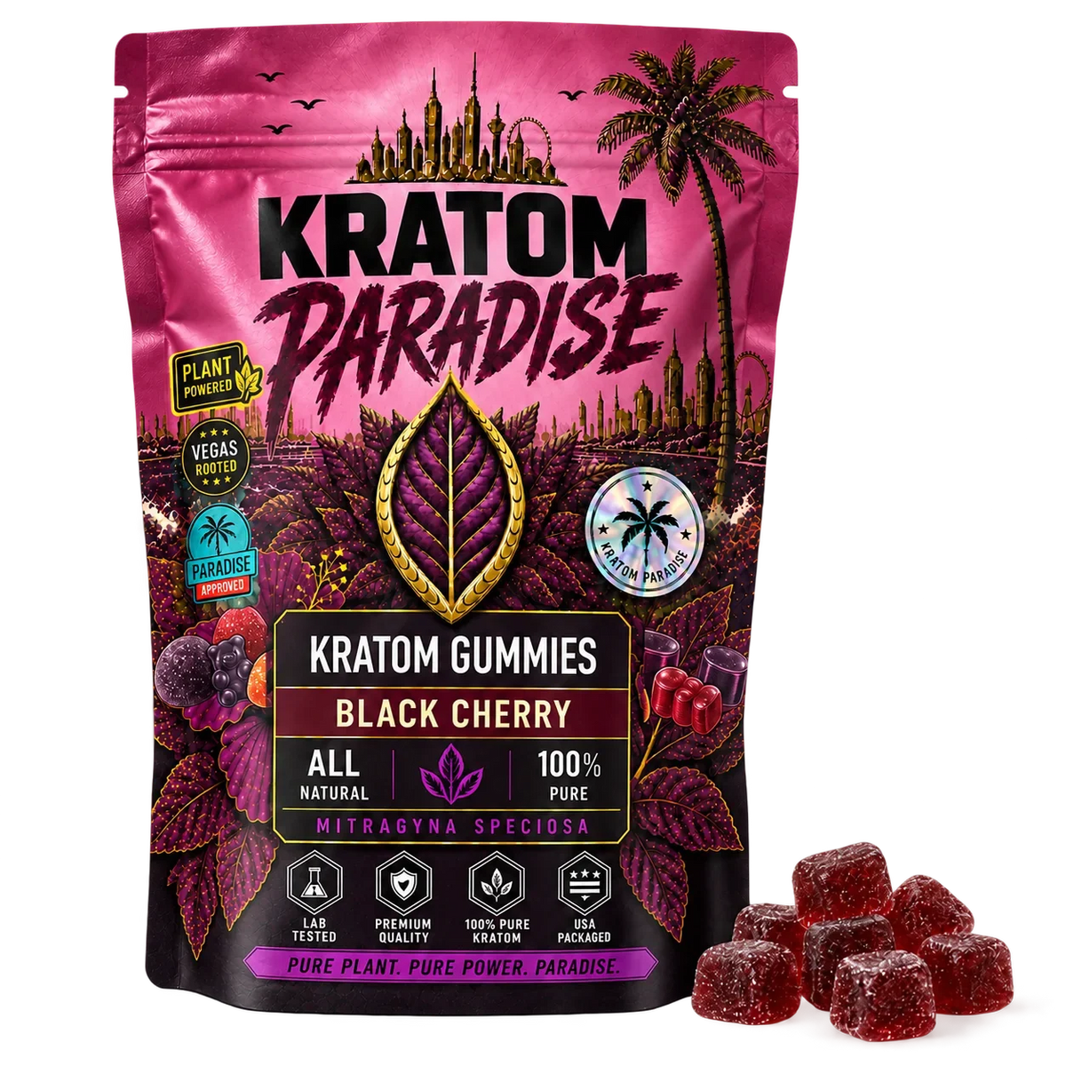 Black Cherry Kratom Gummies pouch and gummies