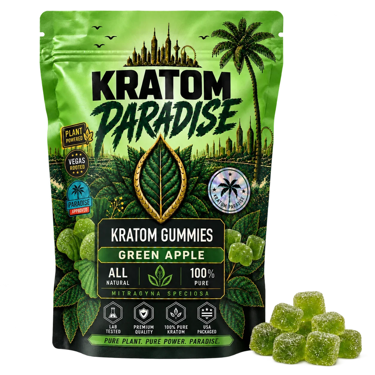 Green Apple Kratom Gummies pouch and gummies