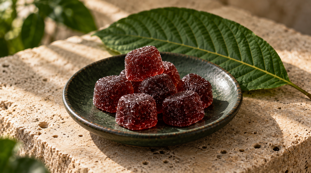 Illustration of cherry-red kratom gummies on a dark ceramic plate beside a green leaf