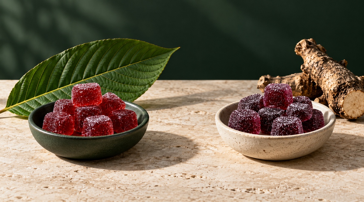 Botanical comparison illustration with red kratom gummies and purple kava gummies in separate bowls