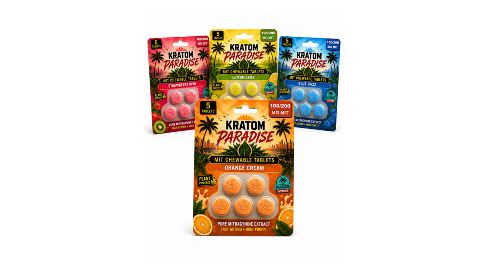 Kratom Paradise MIT chewable tablets flavor lineup wide hero image