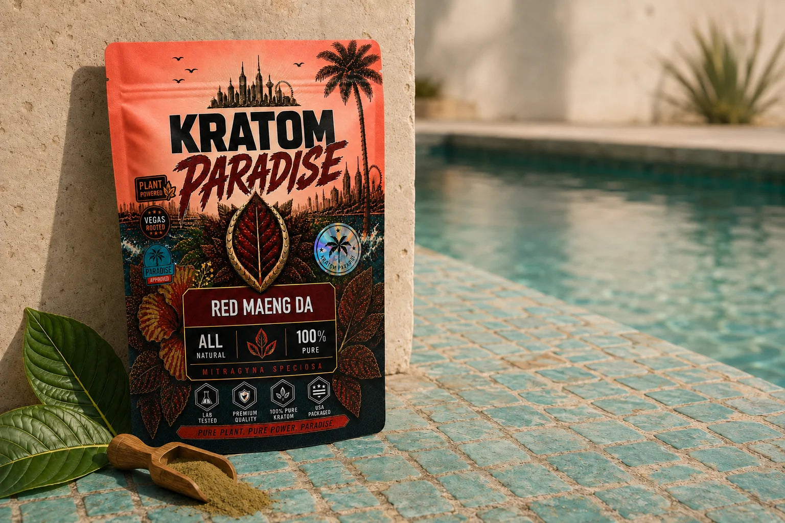 Kratom Paradise Red Maeng Da pouch beside a desert pool