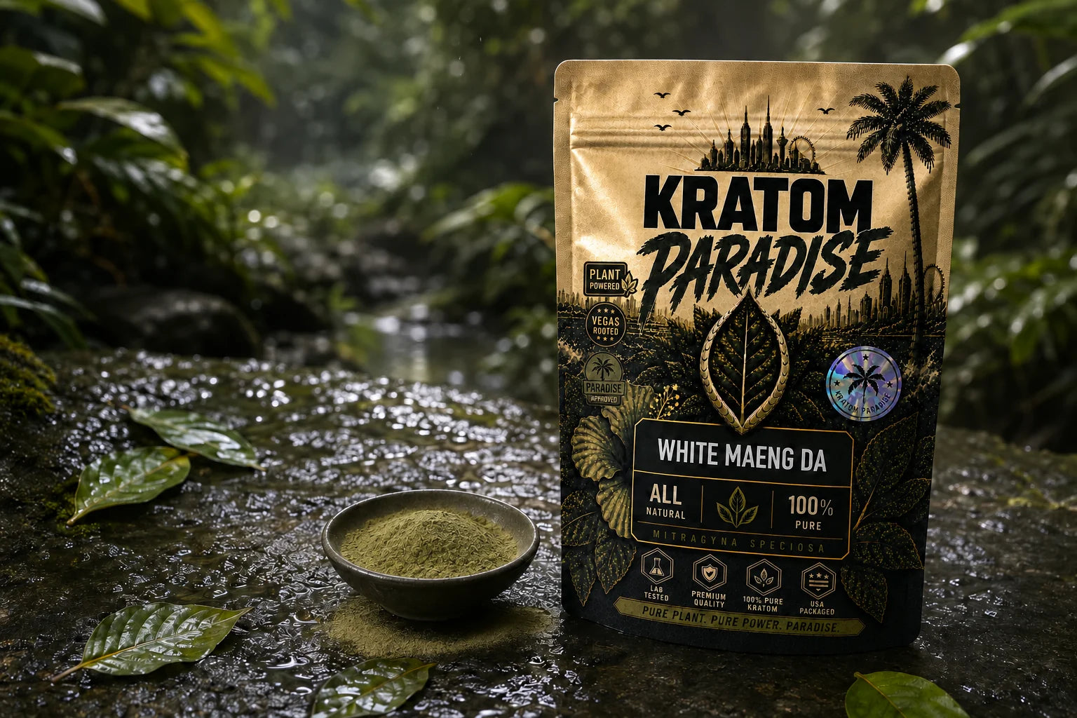 Kratom Paradise White Maeng Da pouch in a rainforest setting