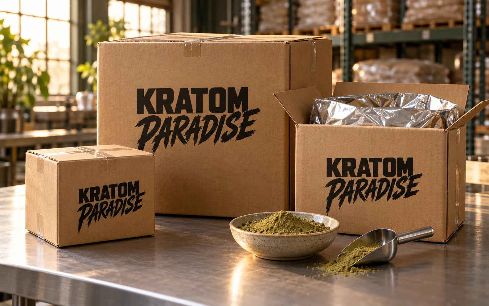 Kratom Paradise bulk powder shipping cartons with food-grade inner packaging
