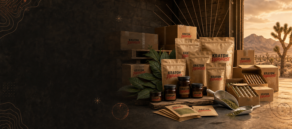 Kratom Paradise botanical product packages and shipping boxes in a desert warehouse scene