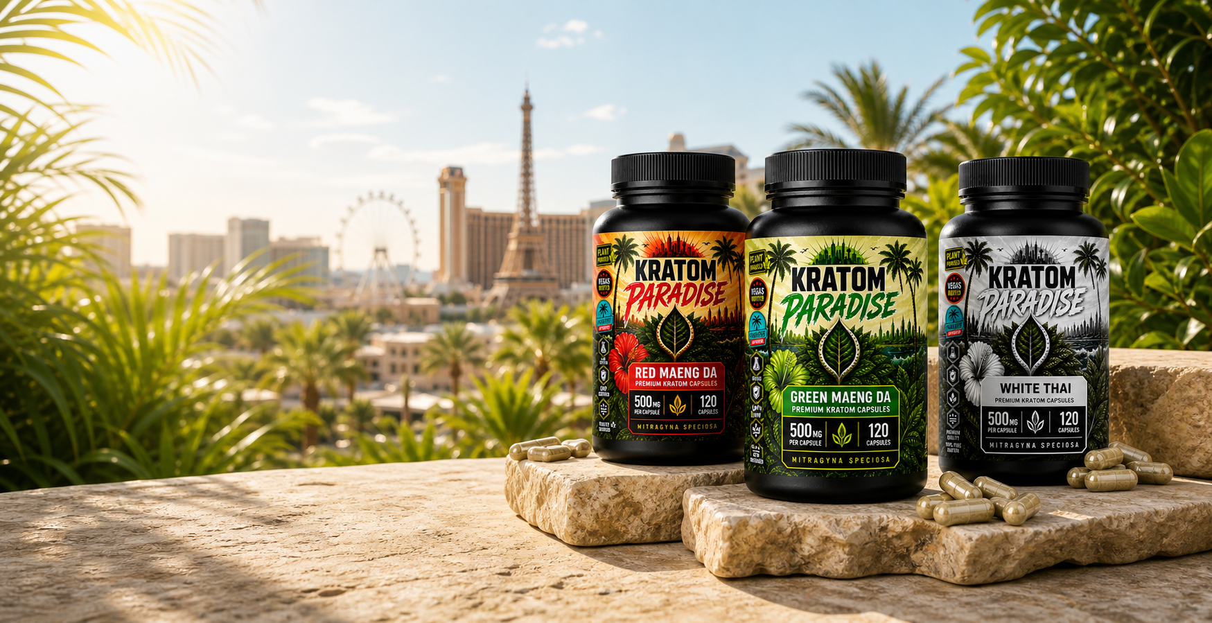 Three labeled Kratom Paradise capsule bottles showing product name capsule fill and package count fields