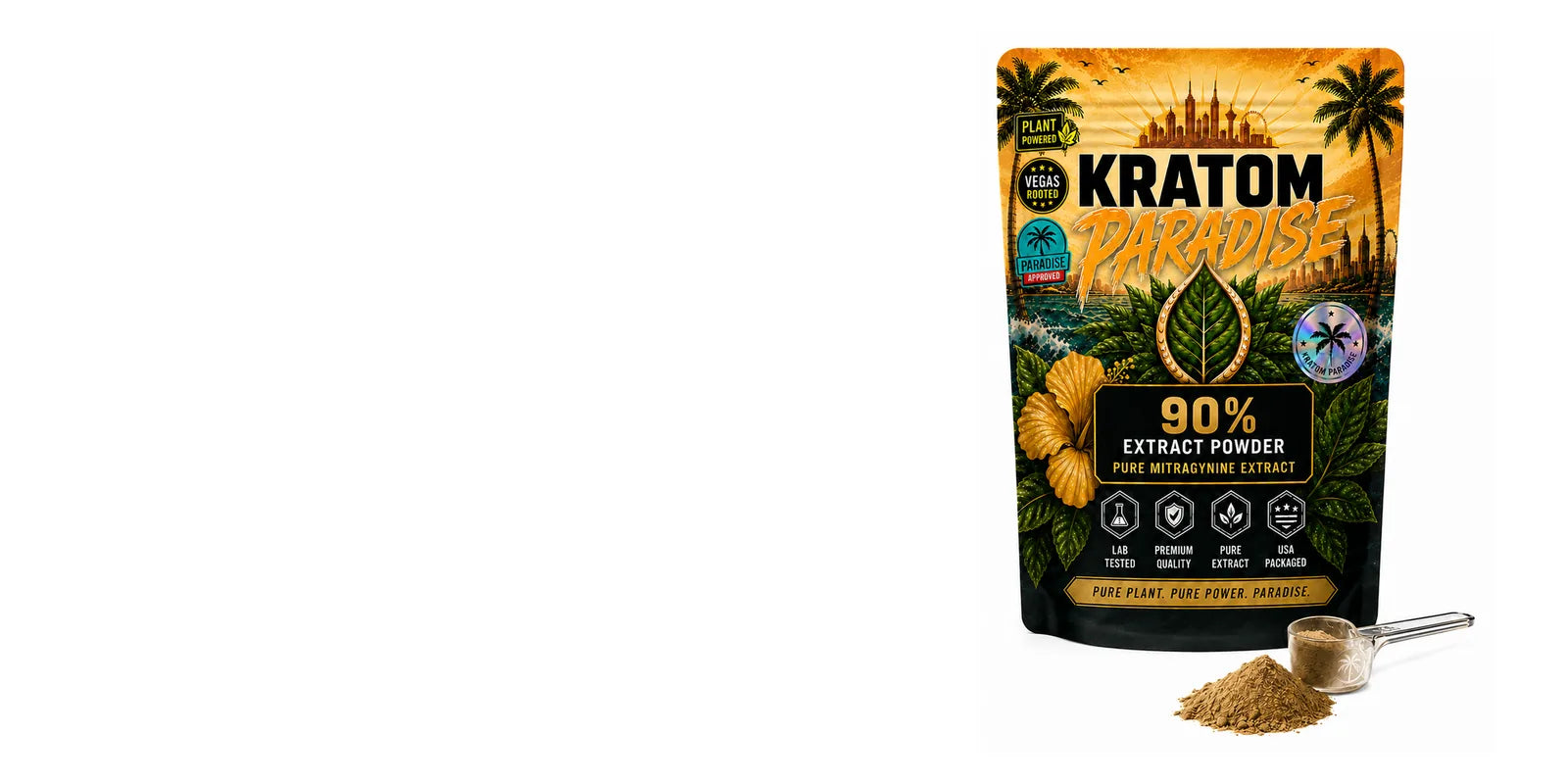 Kratom Paradise MIT 90% mitragynine extract powder pouch and powder scoop