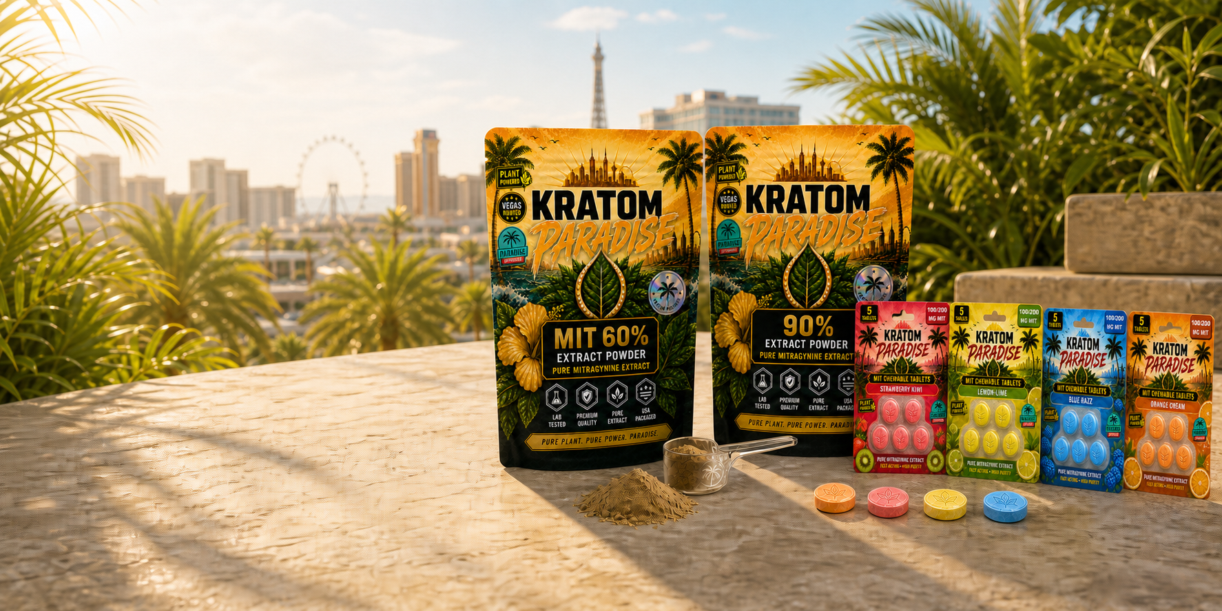 MIT chewable tablets and extract powder arranged on a sunlit Las Vegas terrace