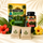 Two botanical sample packets displayed with Kratom Paradise powder and capsule products in a bright tropical scene