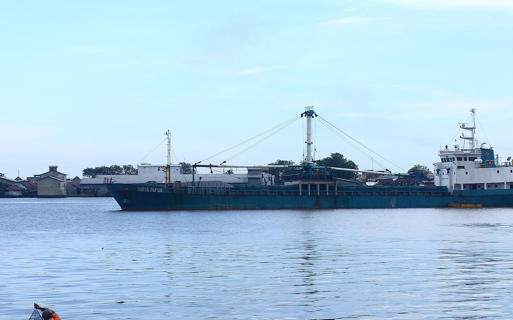 Small fishing boat and cargo vessel sharing the Kapuas River in West Kalimantan