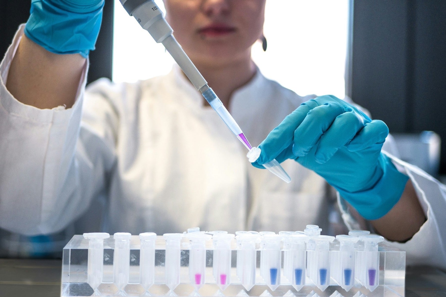 Laboratory scientist pipetting samples while reviewing detection and reporting limits on an analytical result