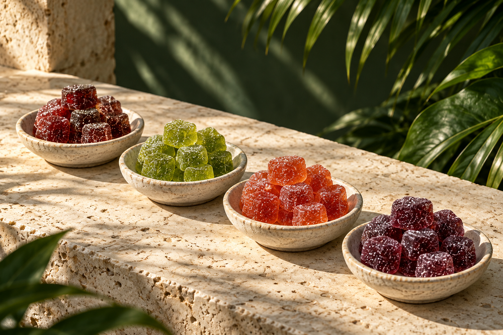 Four-flavor illustration of cherry-red, apple-green, amber-orange and berry-purple gummies in separate bowls