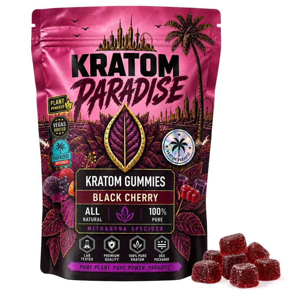 Black Cherry Kratom Gummies pouch and gummies