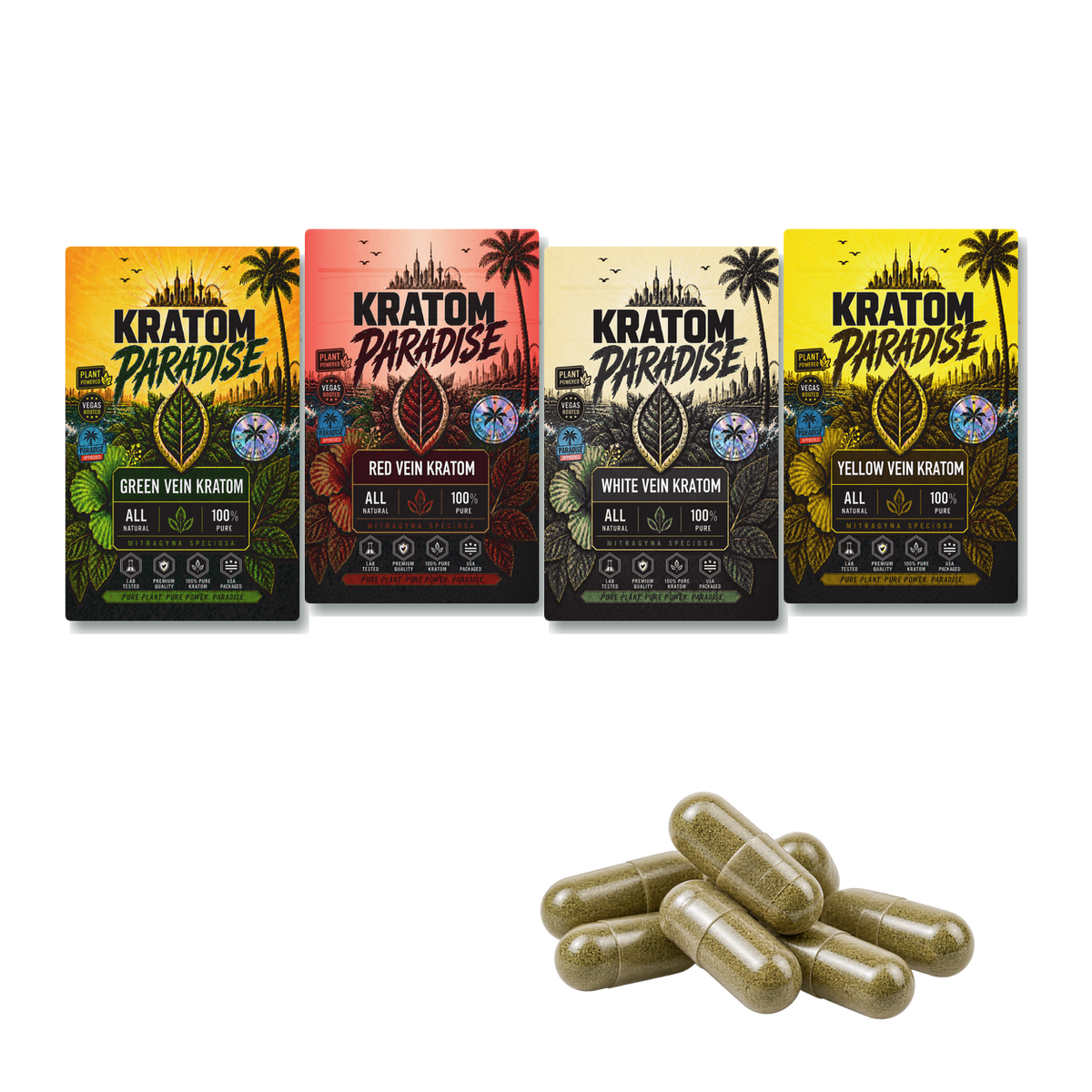 Bulk kratom capsules with the four new Kratom Paradise Roastar vein pouches