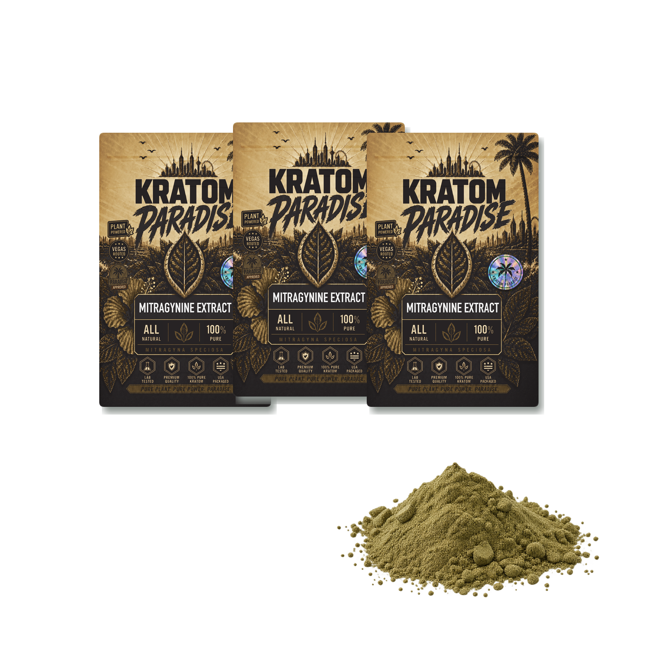 Bulk MIT 90% mitragynine extract powder in new Kratom Paradise Roastar packaging with realistic powder