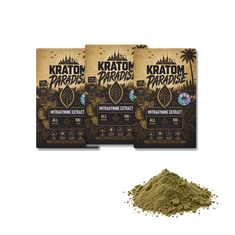 Bulk MIT 90% mitragynine extract powder in new Kratom Paradise Roastar packaging with realistic powder