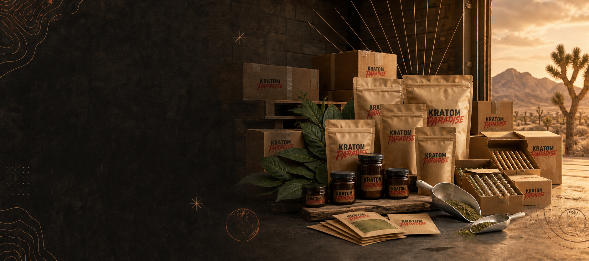 Bulk Kratom Paradise product formats arranged in a Las Vegas desert warehouse studio
