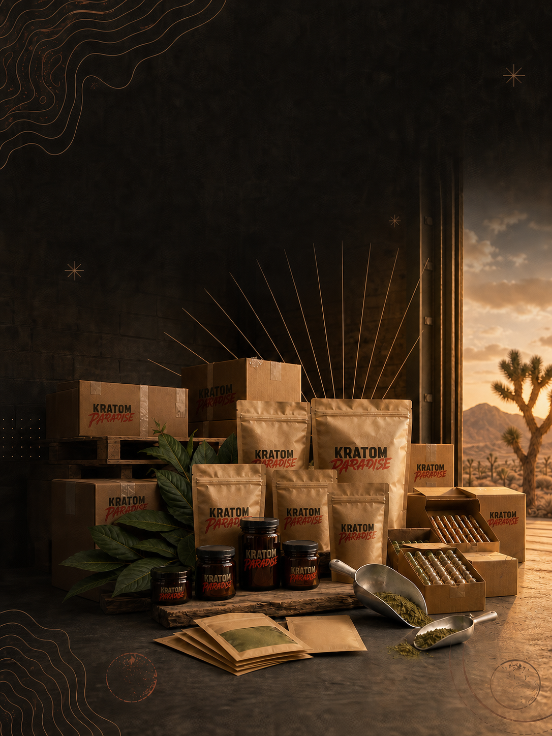 Bulk Kratom Paradise product formats arranged in a Las Vegas desert warehouse studio
