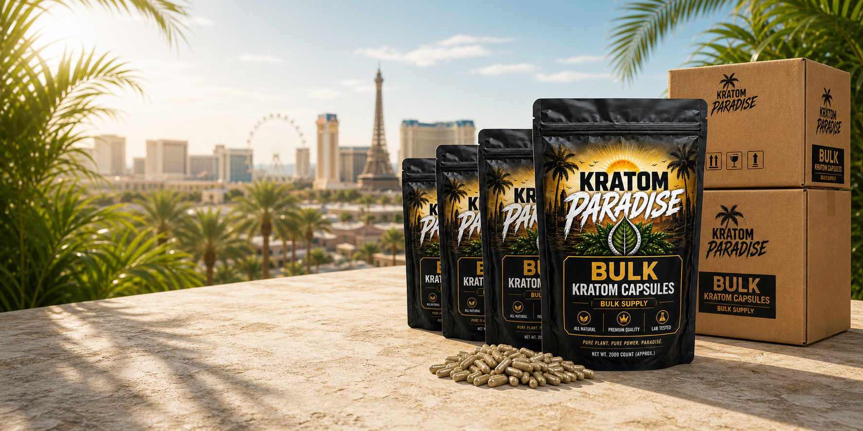 Bulk Kratom Paradise capsule pouches and wholesale cartons in bright daytime Las Vegas
