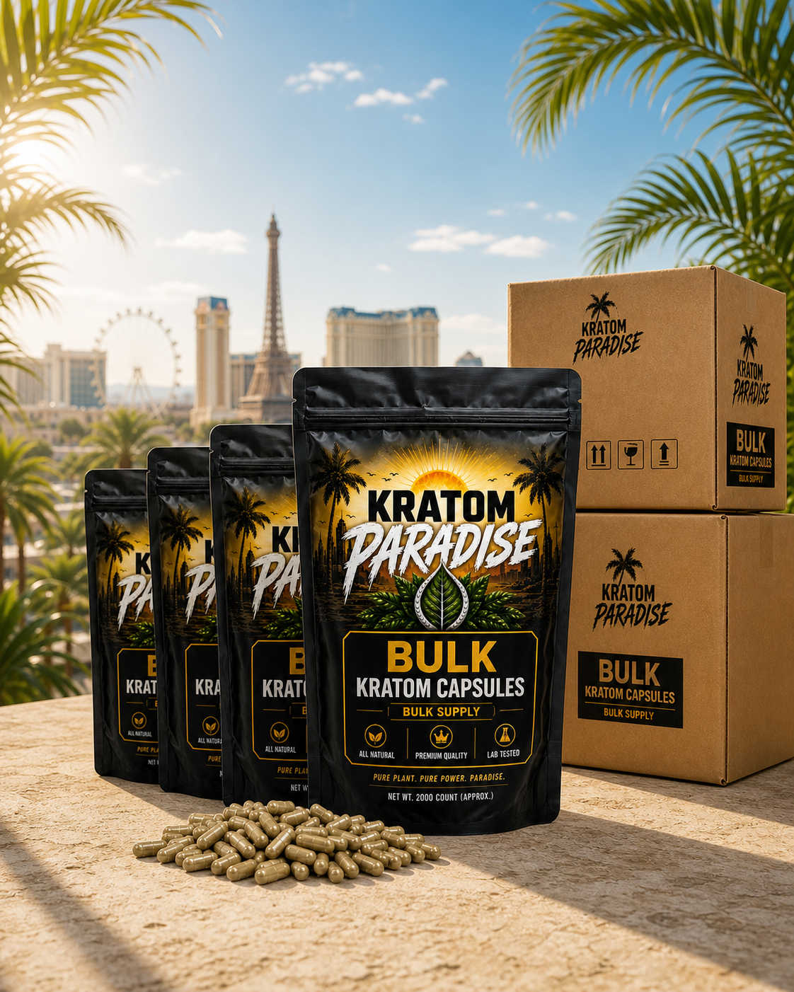 Bulk Kratom Paradise capsule pouches and wholesale cartons in bright daytime Las Vegas
