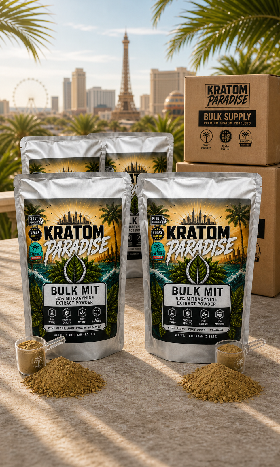 Bulk MIT 60 and 90 percent extract powder pouches and wholesale cartons in bright daytime Las Vegas
