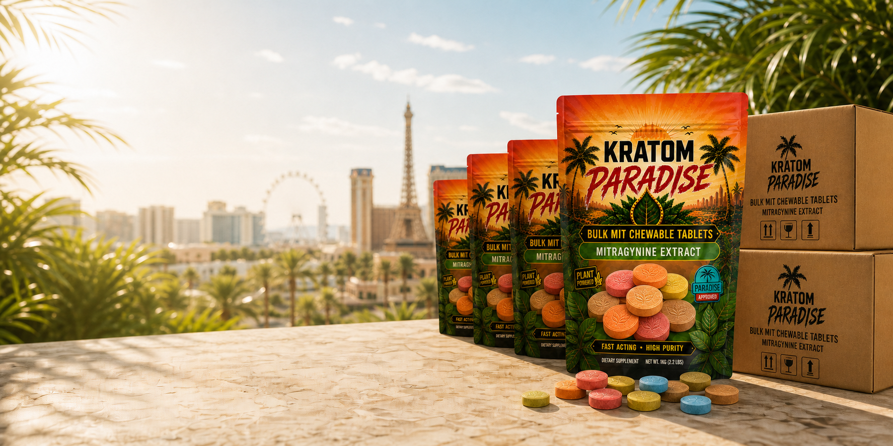 Bulk MIT chewable tablet pouches and wholesale cartons in bright daytime Las Vegas

