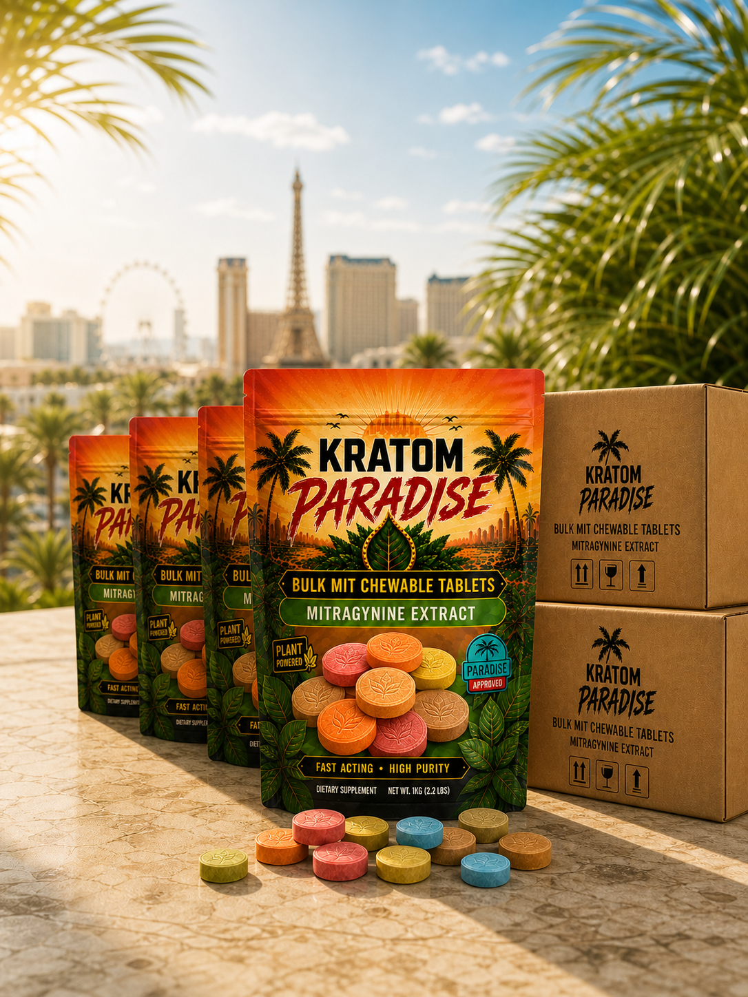 Bulk MIT chewable tablet pouches and wholesale cartons in bright daytime Las Vegas
