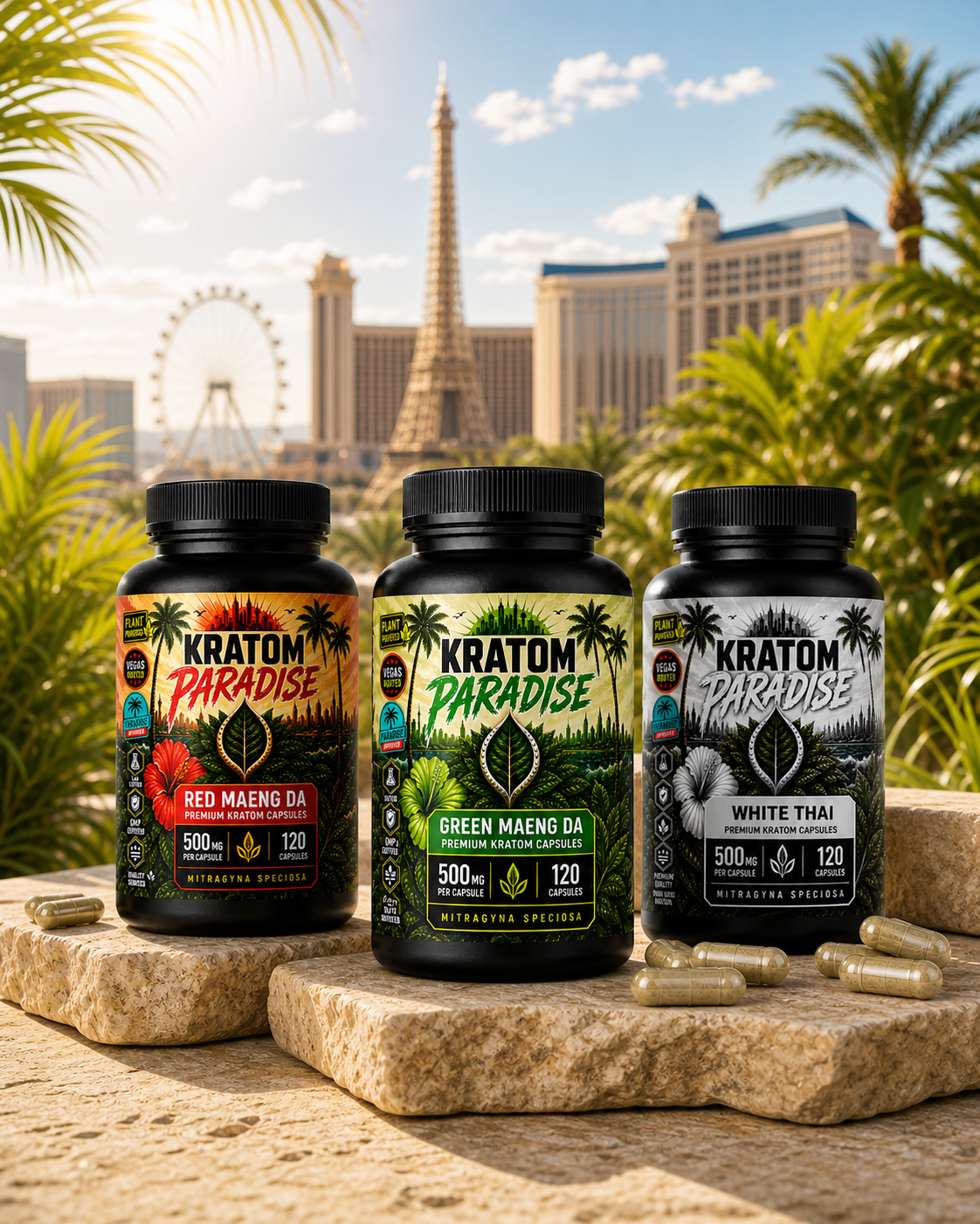 Red Maeng Da, Green Maeng Da, and White Thai kratom capsule bottles in bright daytime Las Vegas
