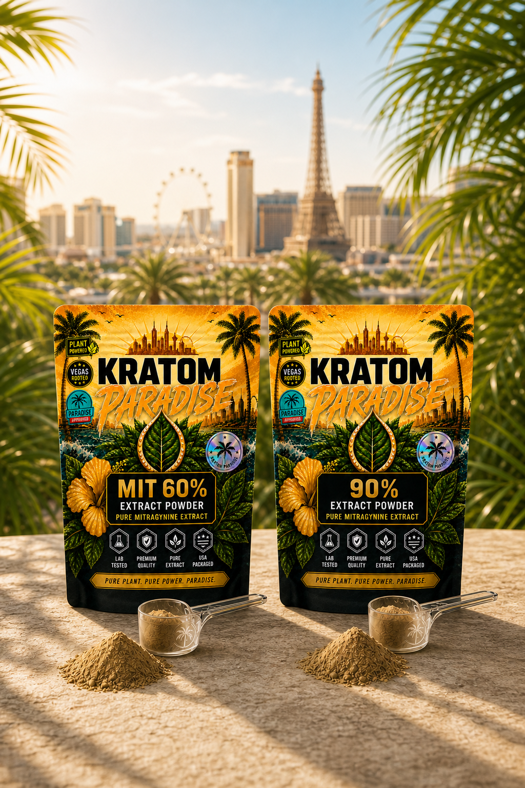 Kratom Paradise MIT 60 and 90 percent extract powder pouches in bright daytime Las Vegas
