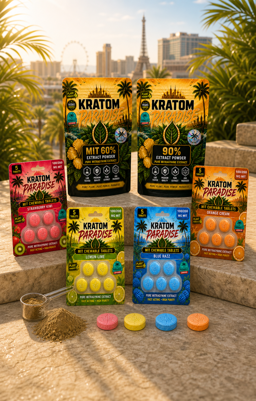 MIT 60 and 90 percent extract powders with four MIT chewable tablet flavors in bright daytime Las Vegas

