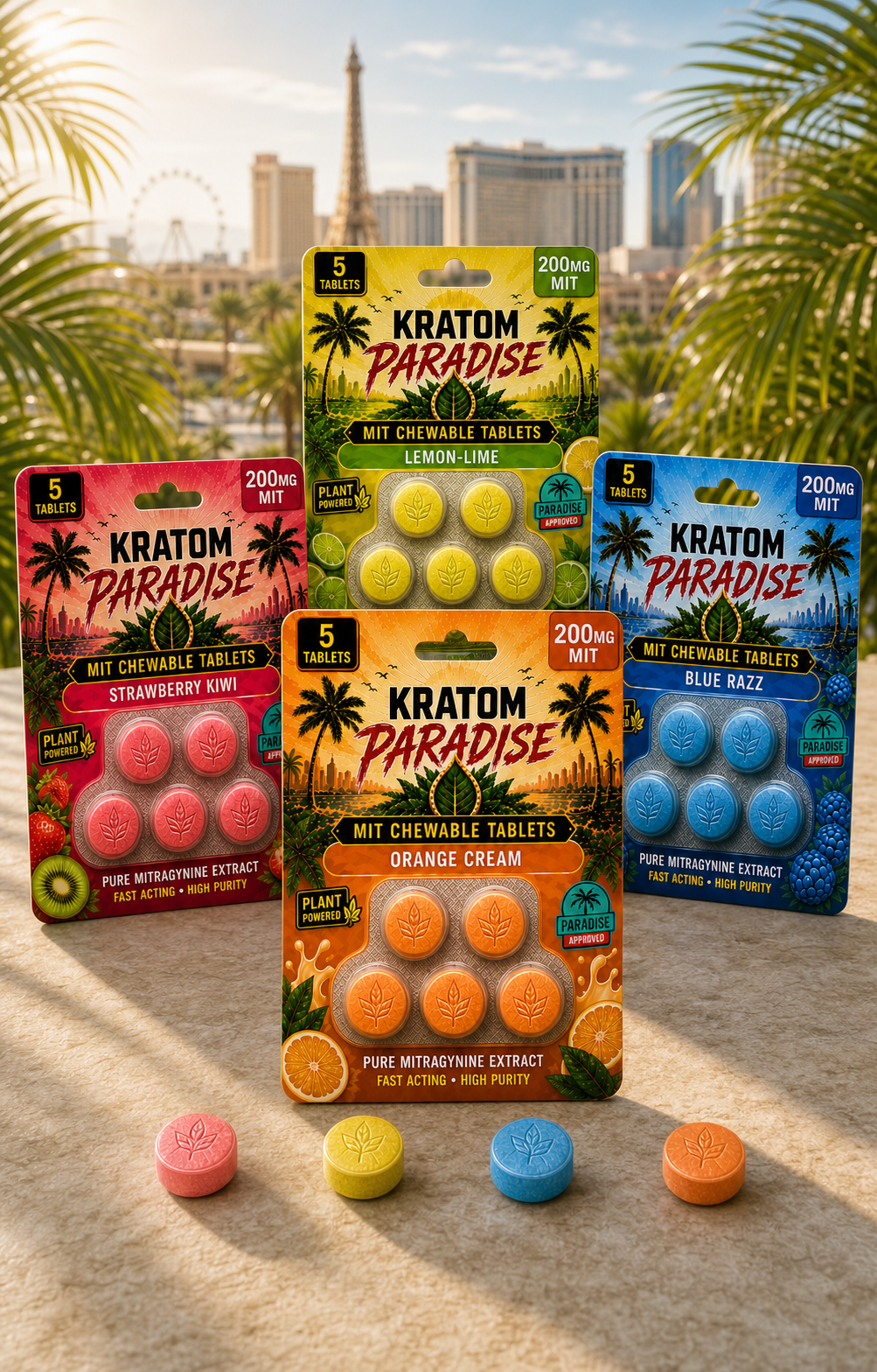 Four Kratom Paradise MIT chewable tablet flavors in bright daytime Las Vegas
