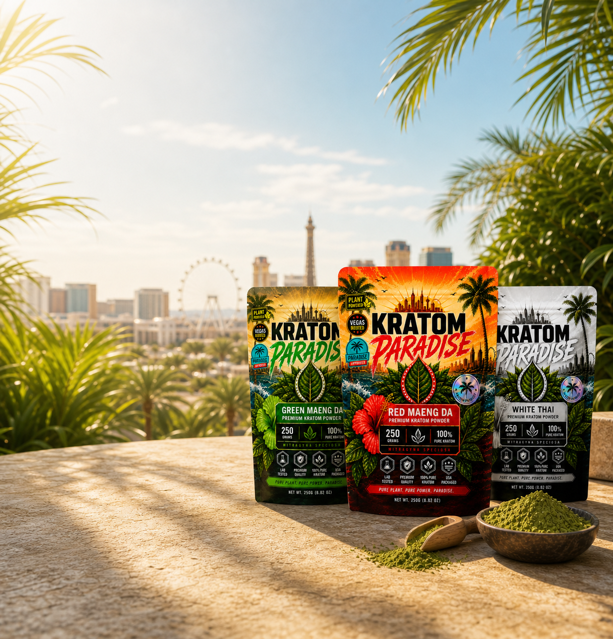 Red Maeng Da, Green Maeng Da, and White Thai kratom powder pouches in a bright tropical Las Vegas mobile setting
