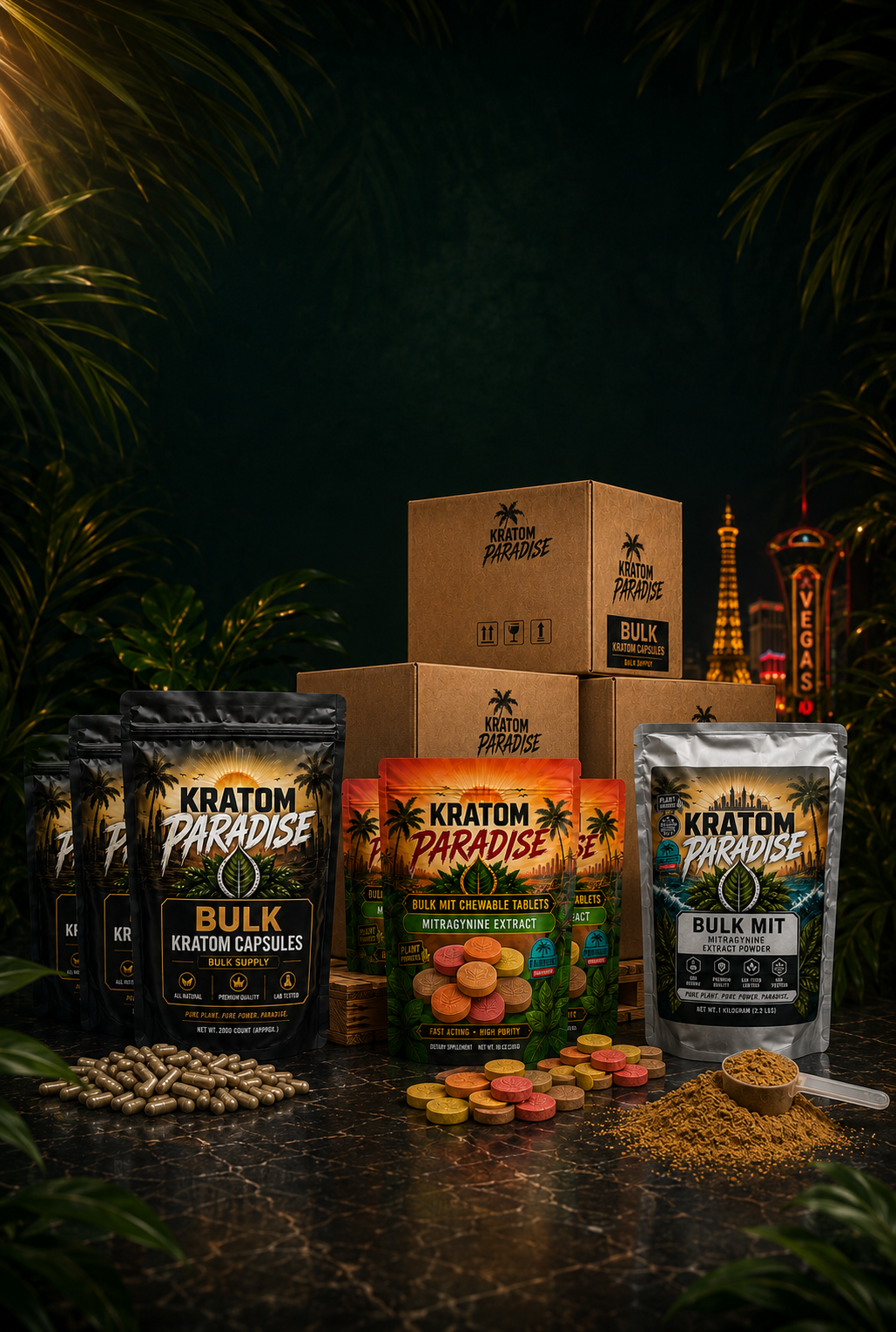 Kratom Paradise bulk capsules, MIT chewable tablets, and MIT extract powder packages in a tropical mobile display
