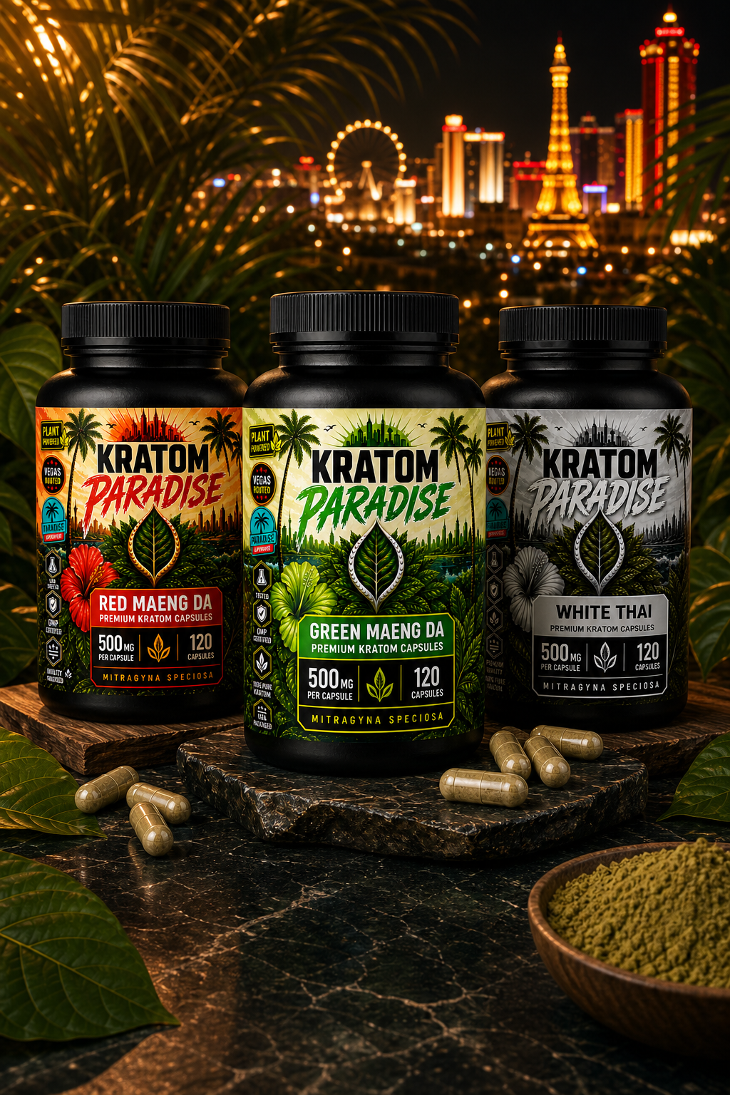 Red Maeng Da, Green Maeng Da, and White Thai kratom capsule bottles with capsules in a tropical Las Vegas setting