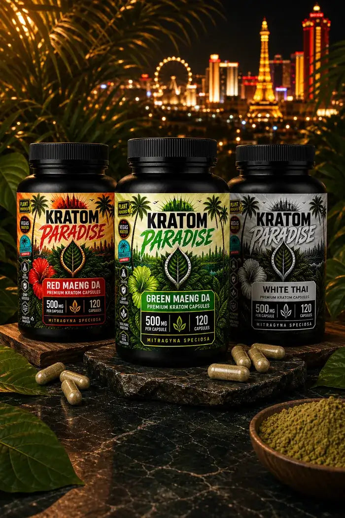 Red Maeng Da, Green Maeng Da, and White Thai Kratom Paradise capsule bottles