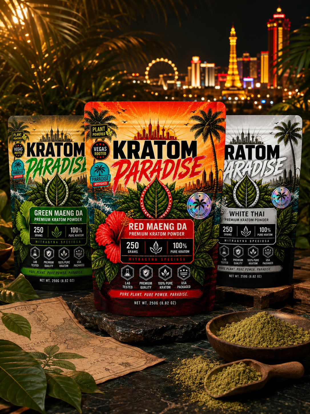 Red Maeng Da, Green Maeng Da, and White Thai kratom powder pouches with loose powdered leaf in a tropical Las Vegas setting