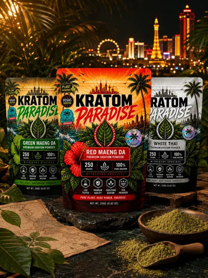 Red Maeng Da, Green Maeng Da, and White Thai Kratom Paradise powder pouches