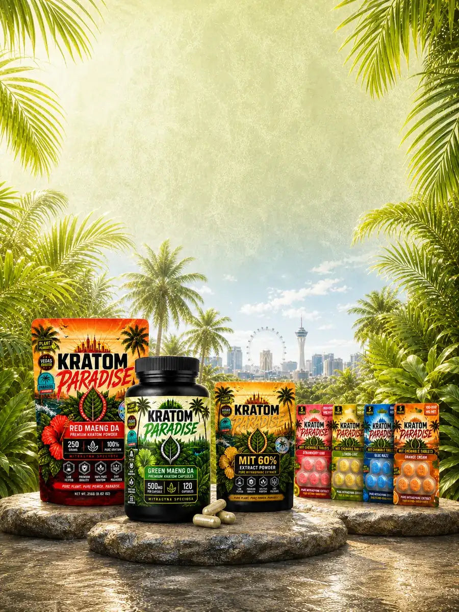 Kratom Paradise powder, capsules, MIT extract powder, and chewable tablets in a tropical Las Vegas scene