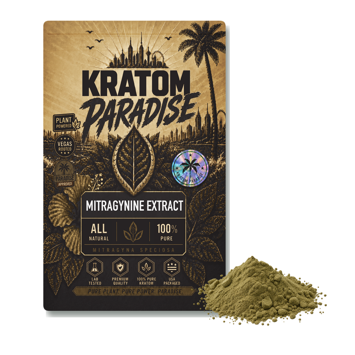 MIT 90% mitragynine extract powder in new Kratom Paradise Roastar packaging with realistic powder
