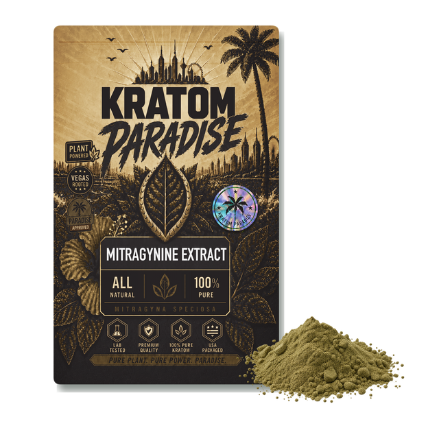 MIT 90% mitragynine extract powder in new Kratom Paradise Roastar packaging with realistic powder