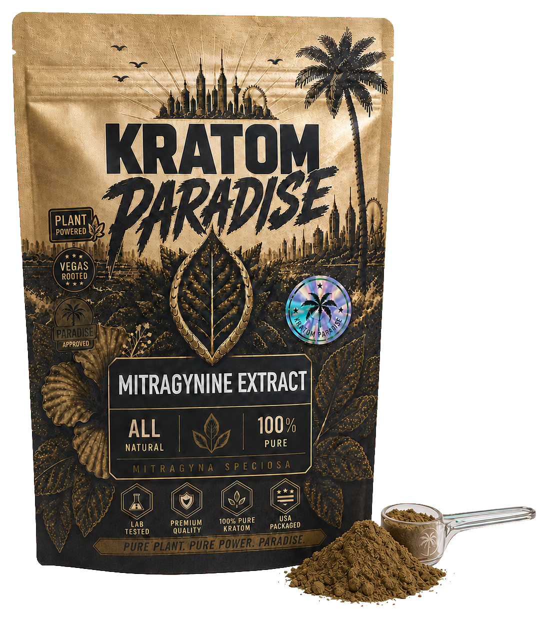 Kratom Paradise Mitragynine Extract pouch with extract powder and measuring scoop