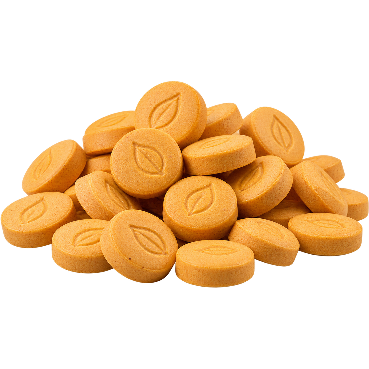 Close-up pile of bulk 150mg mango mitragynine chewable tablets