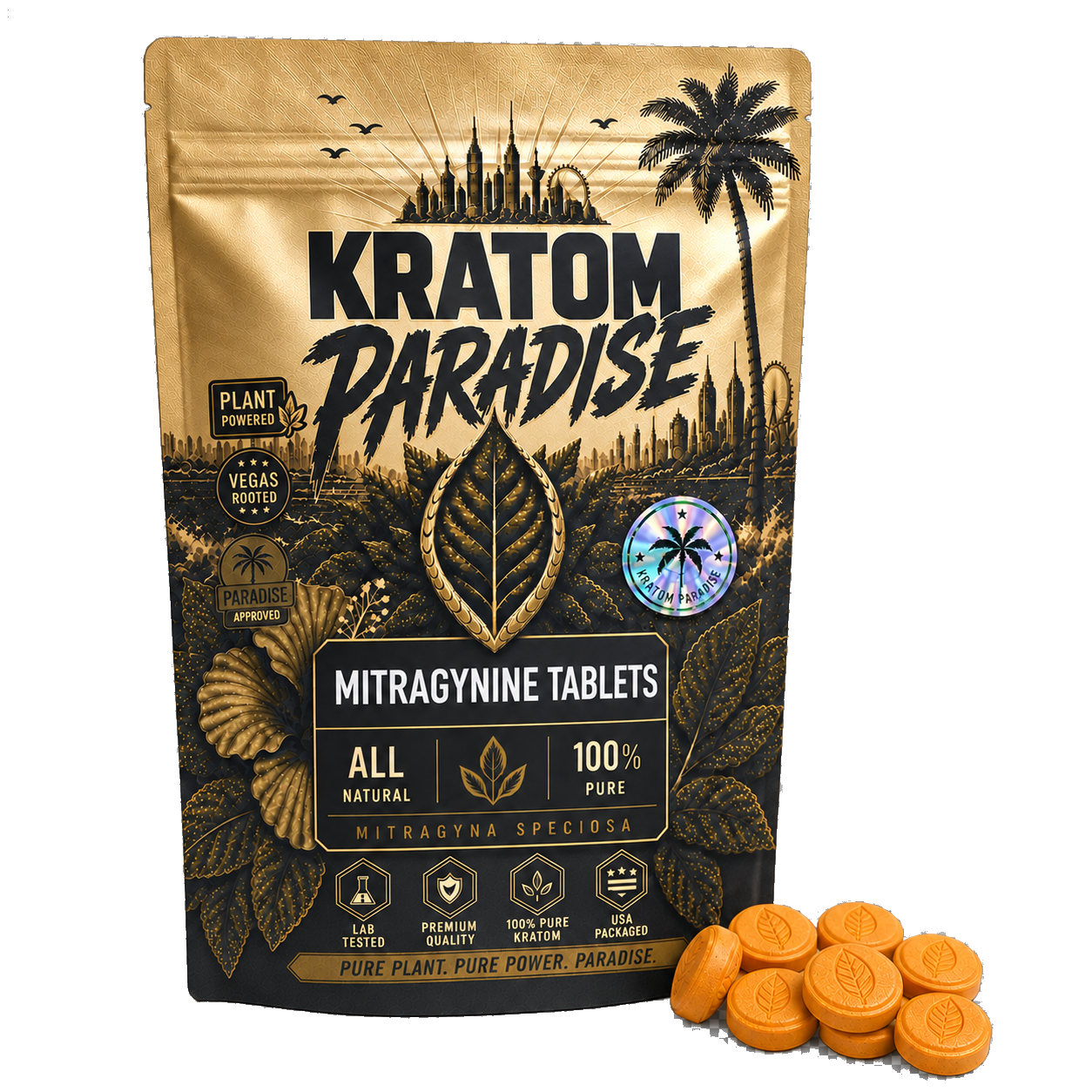 Bulk 150mg mango mitragynine tablets mylar pouch with tablet pile