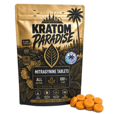 Kratom Paradise mitragynine tablets mylar pouch with mango tablet pile