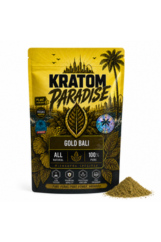 Gold Bali Kratom Powder pouch and loose powder on a white background