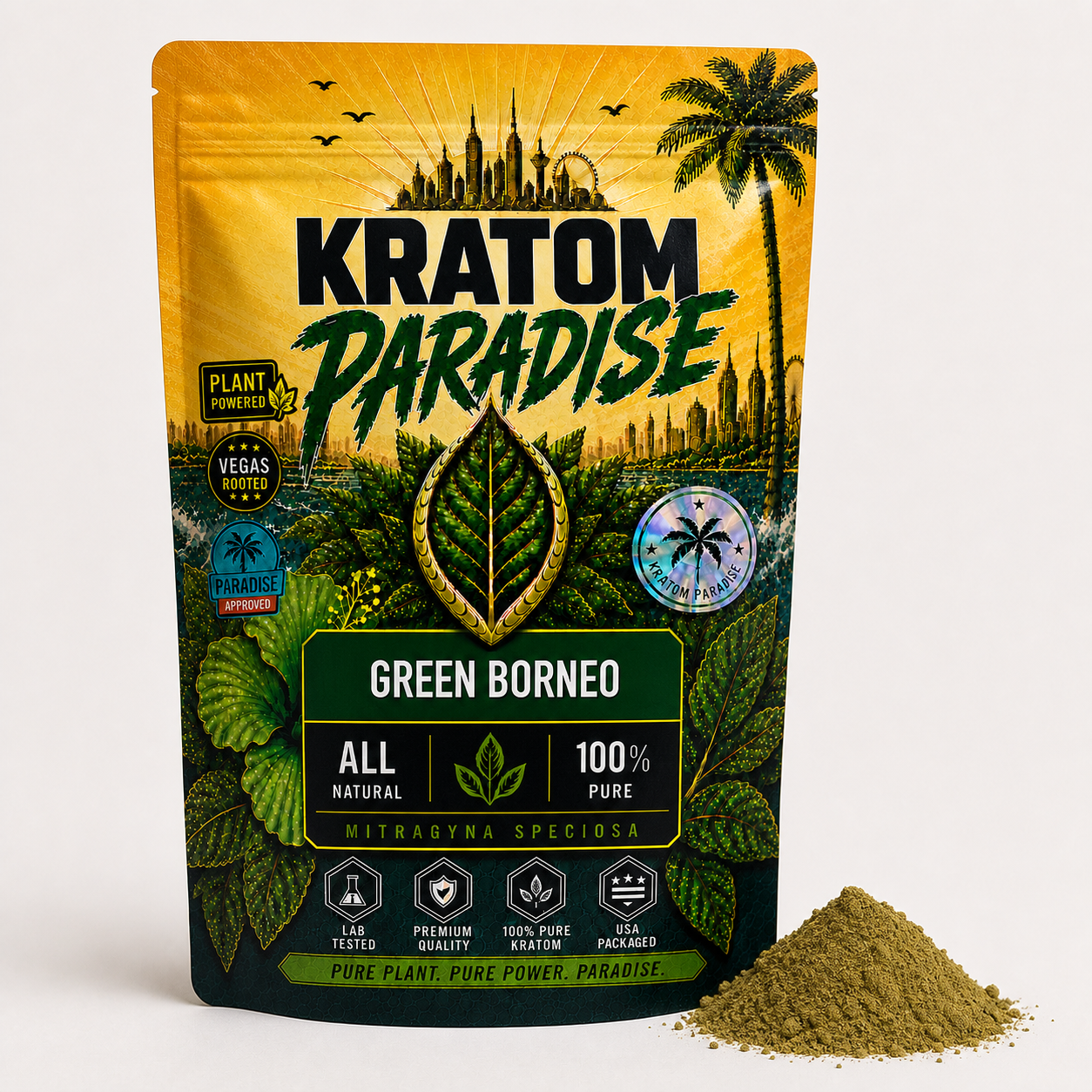 Green Borneo kratom powder in the new Kratom Paradise pouch